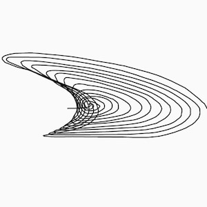 Peut inclure: Un dessin au trait noir d'une forme incurvée et superposée sur fond blanc. La forme ressemble à une aile stylisée ou à une série d'arcs imbriqués, avec une petite ligne horizontale s'étendant du centre.