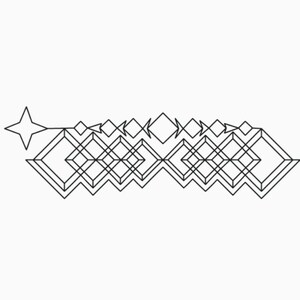Puede incluir: Un dibujo en blanco y negro de un patrón geométrico con una estrella al principio del patrón.