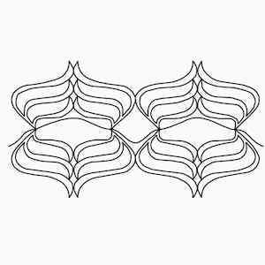 May include: A symmetrical black and white line drawing featuring two mirrored, stylized floral or ornamental shapes. Each shape has layered, curved lines and a central, elongated diamond-like form, set against a white background.