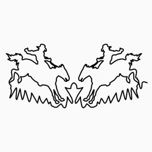 May include: A black and white line drawing of two cowboys riding horses, facing each other, with their horses jumping over a star. The cowboys are wearing hats and have their arms outstretched. The horses are in mid-air, with their legs extended. The background is white.