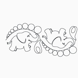 May include: A black and white line drawing of two elephants holding onto a string of beads. The elephants are facing each other and have their trunks raised.