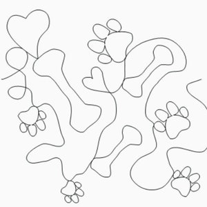 May include: A black and white line drawing of a heart and paw prints connected by a continuous line.