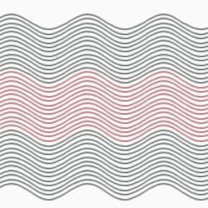 May include: A black and white wavy pattern with a band of red wavy lines in the center.