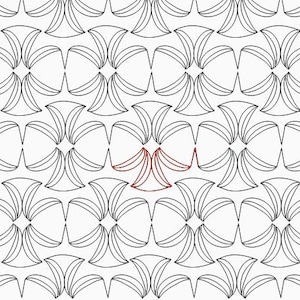 Könnte beinhalten: Ein schwarz-weißes geometrisches Muster mit einem sich wiederholenden Design aus sich überlappenden, gekrümmten Linien, die eine Reihe von Kleeblattformen bilden.