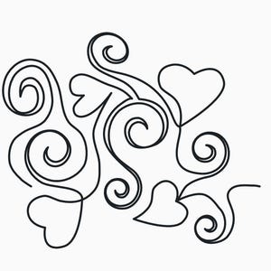 May include: A black line art illustration featuring a continuous flowing pattern of interconnected swirls and heart shapes. The design consists of a single, unbroken dark line that curves into multiple spirals and three distinct heart outlines.