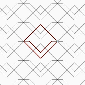 Può includere: Uno schema geometrico di rombi sovrapposti in linee nere su uno sfondo bianco. Un singolo rombo al centro è delineato da una linea spessa di colore rosso scuro.