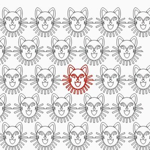 Pode incluir: Uma grade de rostos de gato preto e branco com um único rosto de gato vermelho no centro.