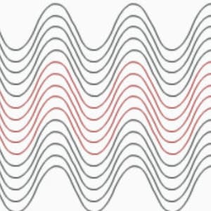 May include: A pattern of wavy lines in black and red. The lines are arranged in a repeating pattern, with the red lines offset from the black lines.