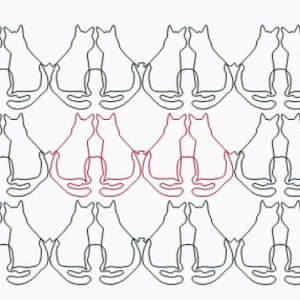 Pode incluir: Um desenho de linha preto e branco de um padrão repetitivo de gatos que se olham. Três dos gatos estão destacados em vermelho.