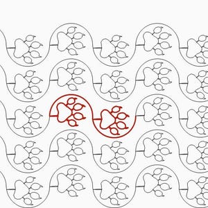 May include: A repeating pattern of paw prints in a wavy line design. Two paw prints in the centre are highlighted in red.