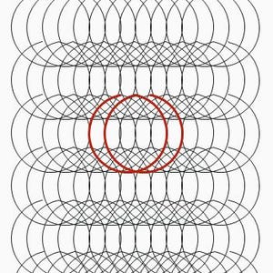 May include: A black and white geometric pattern with a red circle in the center.