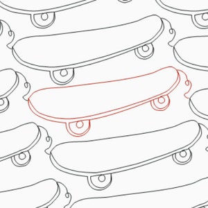 May include: A row of black and white skateboards with one red skateboard in the middle.