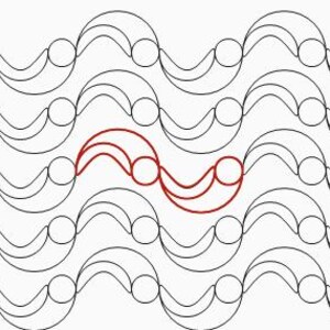 May include: A black and white pattern of overlapping circles and curved lines, with a single red curved line in the center.