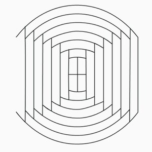 Puede incluir: Un dibujo en blanco y negro de un patrón geométrico con círculos concéntricos y líneas verticales. El patrón se asemeja a una ventana o una puerta.