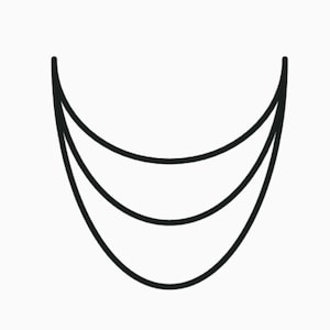 May include: A black and white line drawing of a necklace with three strands.