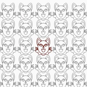 Pode incluir: Uma grade de 25 desenhos de linha preto e branco de rostos de gato. Um rosto de gato no centro da grade é vermelho.