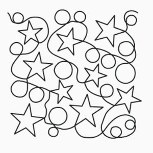 Peut inclure: Dessin au trait noir et blanc d'un motif avec des étoiles et des cercles. Les étoiles sont à cinq branches et les cercles sont de tailles différentes.