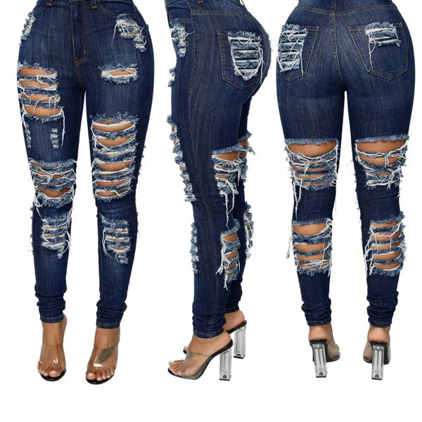Quality Detail ® Dark Blue Ladies Ripped Urban Jeans Tall