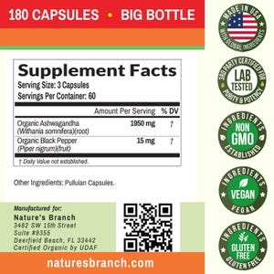 Organic Ashwagandha with Black Pepper - 180 Capsules immagine 2