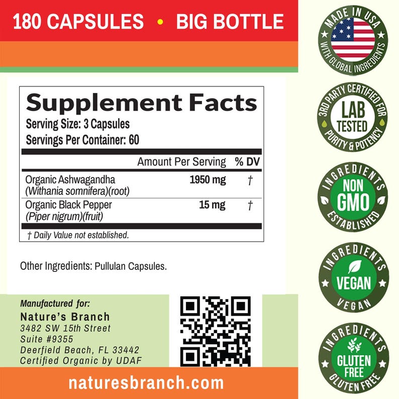 Organic Ashwagandha with Black Pepper - 180 Capsules immagine 2