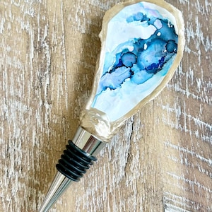 Pacific Blue Hand Painted Oyster Shell Bottle Stopper / Unique Hostess Gift / Coastal Gift / Wine Lover, BFF, Birthday Gift