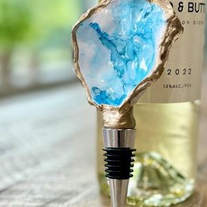 Aqua Hand Painted Oyster Shell Bottle Stopper / Unique Hostess Gift / Coastal Gift / Wine Lover, BFF, Birthday Gift