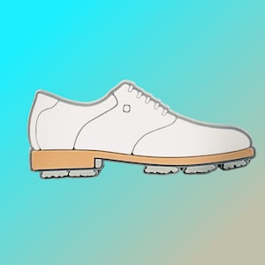 May include: White leather golf shoe with a brown sole and a white rubber outsole. The shoe has a lace-up closure and a rounded toe.