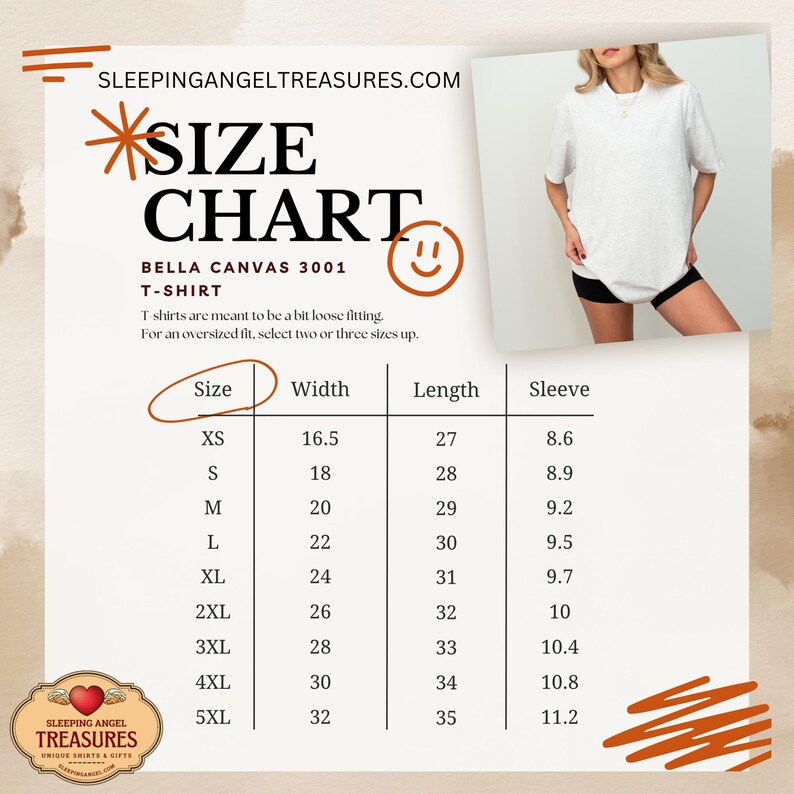 May include: A Bella Canvas 3001 t-shirt size chart featuring a table with columns for size, width, length, and sleeve measurements in inches. The chart includes sizes XS through 5XL, a photo of a person wearing a white t-shirt, and the text SLEEPINGANGELTREASURES.COM.