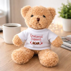 Könnte beinhalten: Ein hellbrauner Teddybär mit einem weißen T-Shirt mit dem Text "Emotional Support BEAR" in roter Schrift. Der Bär hat eine braune Nase und schwarze Augen. Der Bär sitzt auf einer Holzoberfläche.