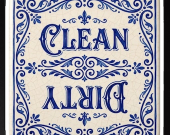 Dirty Clean Dishwasher Flip Sign Magnet, Elegant Ornamental Blue Kitchen Decor, Cute Housewarming Gift, Wedding Registry Idea