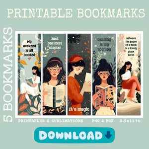 Printable Woman Reading Bookmarks, PNG bookmark sublimation, Quirky Bookish Gift, Reader&#39;s Gift, Book Lovers, Fun Bookmarks