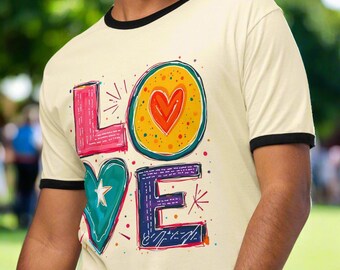 Colorful LOVE Ringer T-Shirt, Inspirational Positive Message Tee, Bold Graphic for Women & Men, Feel Good Everyday Wear, Gift for Optimists