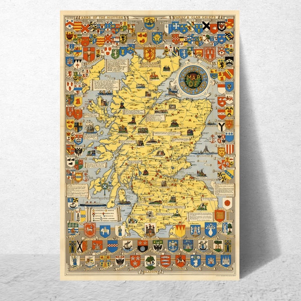 affiche des clans de l'Ecosse | Carte de l'Ecosse | Cadeau pour amoureux de l'Écosse | Clans d'Écosse | Poster Clans de l'Étranger