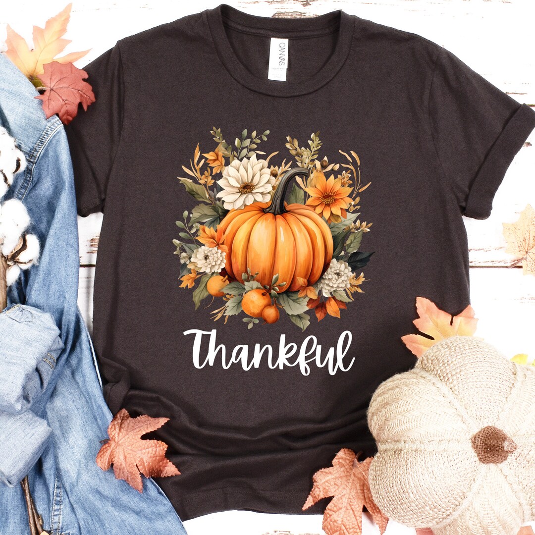 Women's Happy Thanksgiving Shirt - Pumpkin Graphic Tee With Thankful Blessed Design