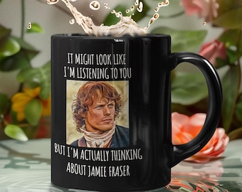 Rolig Jamie Fraser svart glansig mugg, Sassenach kaffemugg, present till Outlander-fans