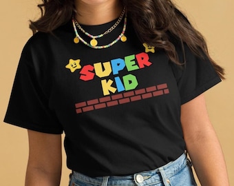 Camiseta clásica juvenil Super Kid, camiseta retro de videojuegos, regalo de cumpleaños para niños Mario, camiseta divertida para niños, inspirada en Super Mario