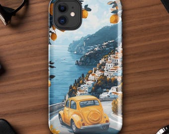 Vintage auto met Positano-landschap, stoer hoesje voor iPhone®, cadeau Amalfikust, iPhone-hoesje Italiaans landschap, retro Italiaanse sfeer
