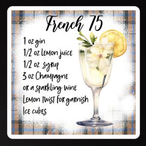 French 75 Recipe Magnet, Cocktail Lover Gift, French 75 Recipe Magnet, Bar Decor, Fun Bar Gift