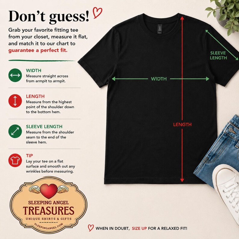 Puede incluir: Una camiseta negra mostrada con una infograf&iacute;a de gu&iacute;a de tallas. El texto dice Don't guess, Width, Length, Sleeve Length, Tip y Sleeping Angel Treasures. Las flechas indican los puntos de medici&oacute;n de ancho, largo y manga en la camiseta.