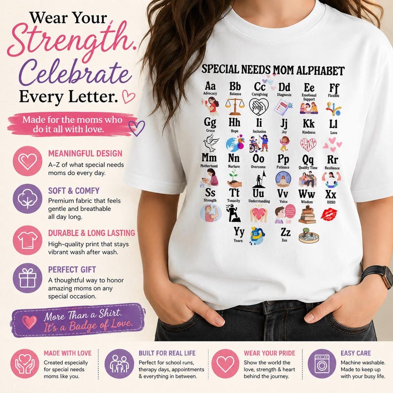 Camiseta con el alfabeto para mamás con necesidades especiales, regalo para mamás médicas, camiseta para mamás con discapacidades, camiseta para mamás especiales, regalo para mamás con necesidades especiales imagen 2