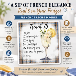 French 75 Recipe Magnet, Cocktail Lover Gift, French 75 Recipe Magnet, Bar Decor, Fun Bar Gift image 2