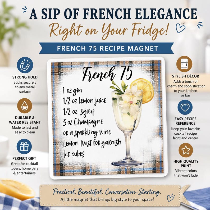 French 75 Recipe Magnet, Cocktail Lover Gift, French 75 Recipe Magnet, Bar Decor, Fun Bar Gift image 2