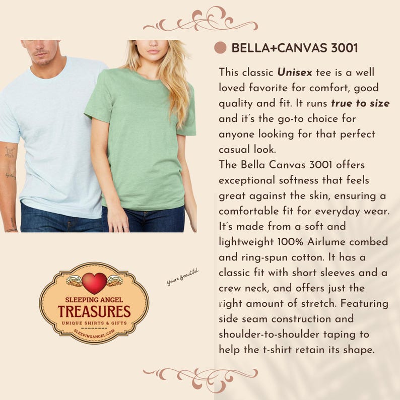 May include: A light blue t-shirt and a sage green t-shirt, both with short sleeves and crew necks. The image includes text describing the Bella+Canvas 3001 model, noting features like side seam construction, shoulder-to-shoulder taping, and 100% Airlume combed and ring-spun cotton fabric. A logo for Sleeping Angel Treasures is also visible.