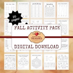 Printable Fall Activity Pack for Kids, Autumn Worksheets & Games, 20 Pages Coloring, Mazes, Word Searches Preschool Kindergarten Fun