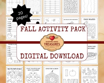 Printable Fall Activity Pack for Kids, Autumn Worksheets & Games, 20 Pages Coloring, Mazes, Word Searches Preschool Kindergarten Fun