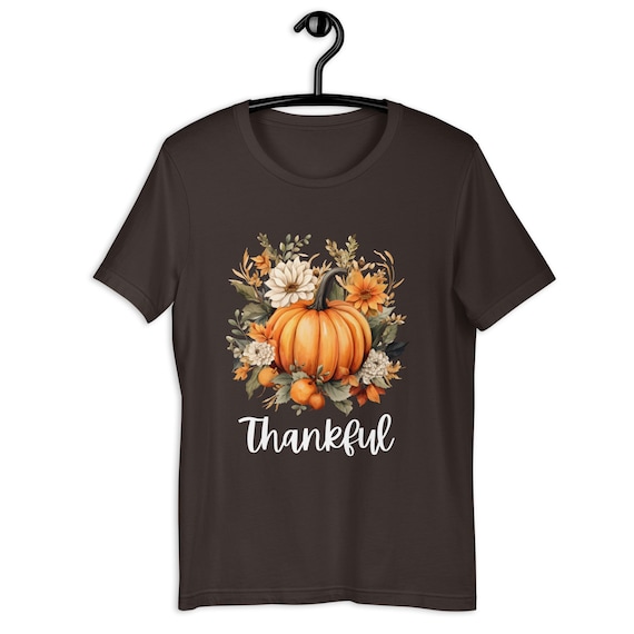 Thankful Pumpkin Funny Graphic T-Shirt For Women - Thanksgiving Tee, Brown, Small, Cute Fall Holiday Top