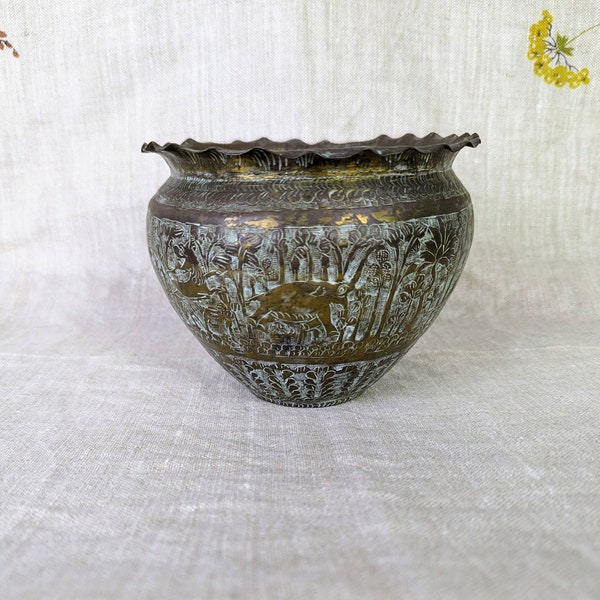 Antique Brass Planter Hand Carved Embossed India