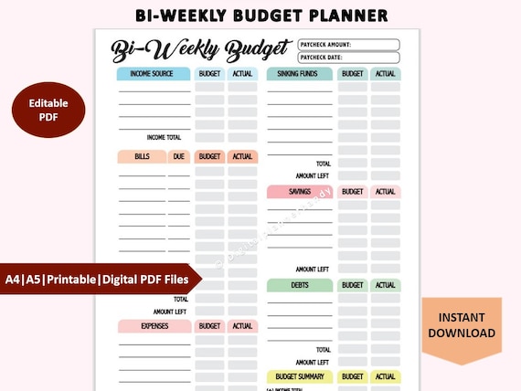 Bi-weekly Budget Planner Printable Finance Budget Template - Etsy