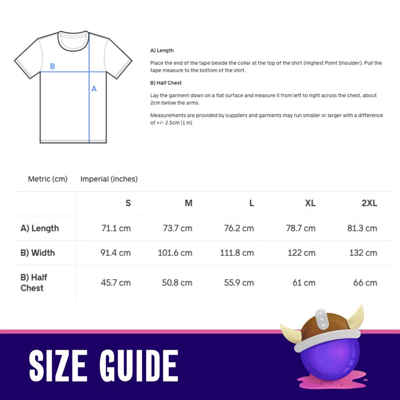 Pode incluir: Um guia de tamanhos para t-shirt com um desenho linear de uma t-shirt com indicadores de comprimento e meio peito. Uma tabela lista os tamanhos de S a 2XL com medidas em cm e polegadas. O texto diz SIZE GUIDE e inclui um desenho animado.