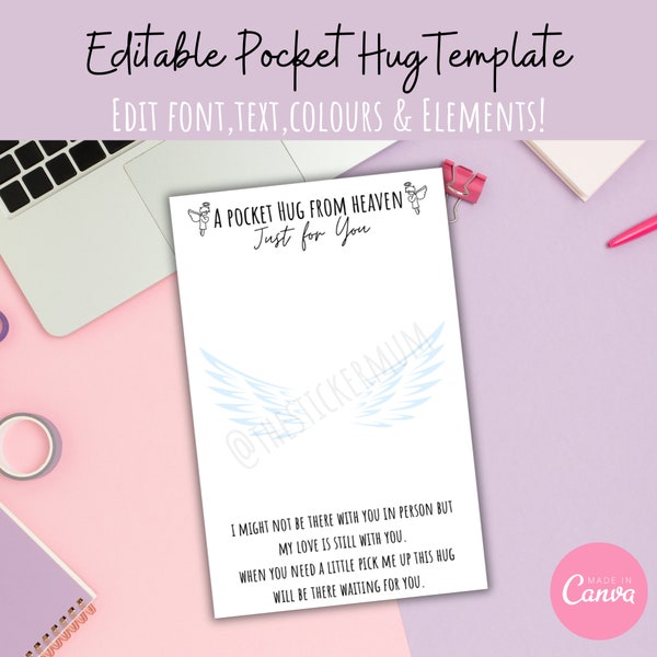 Pocket Hug From Heaven Backing Cards Editable Canva Template Digital Download Editable